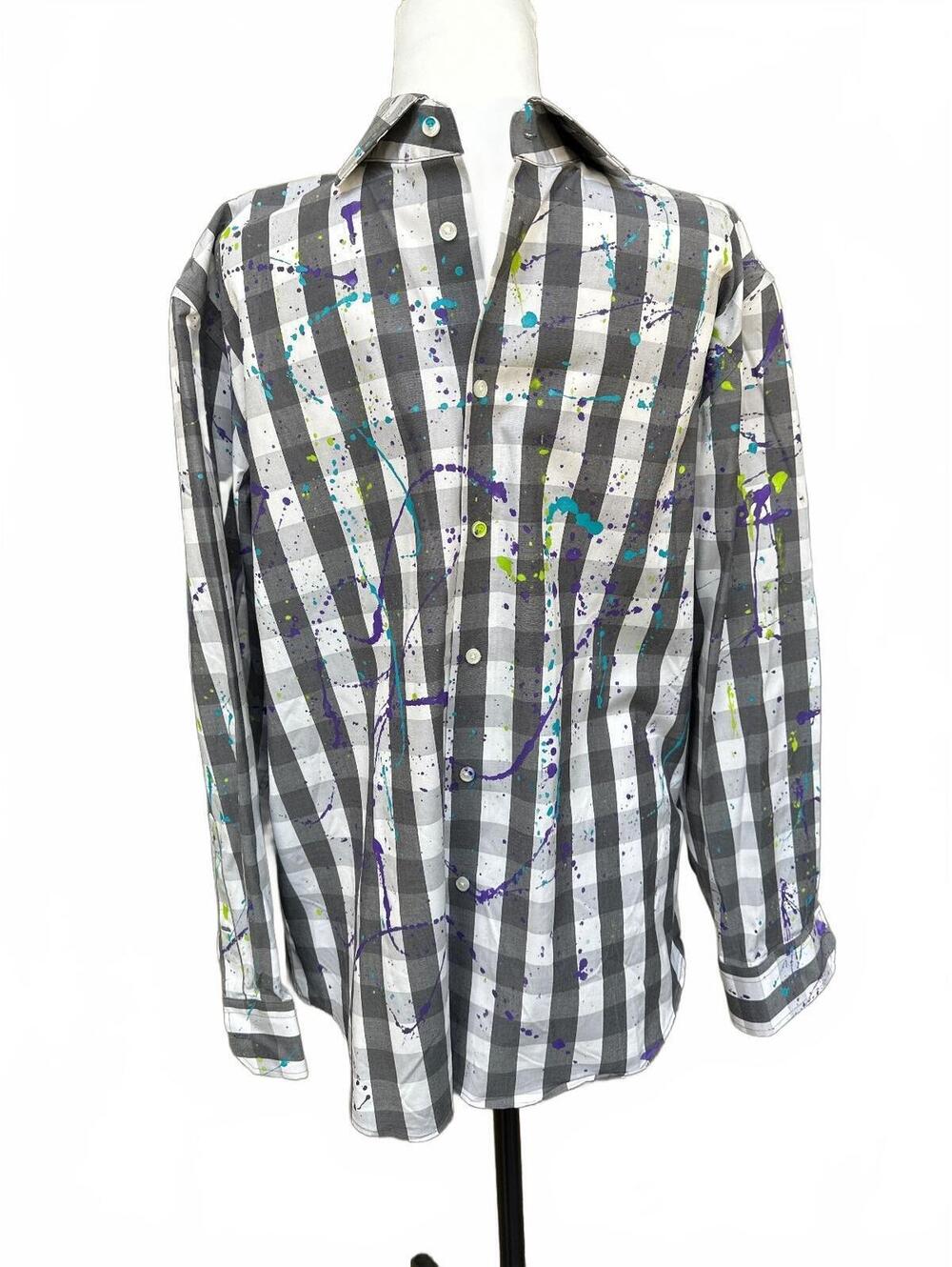 Men's Black and White Checkered Button-Up Shirt with Multicolor Paint Splatter,